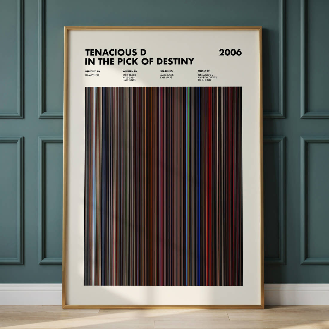 Tenacious D In The Pick Of Destiny Movie Barcode Poster framed and leaning against a panelled wall
