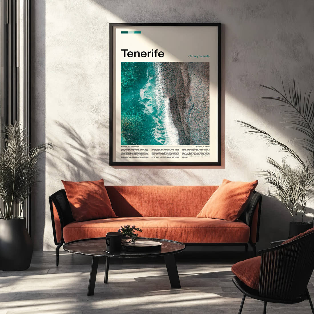 Tenerife Aerial Coastline View Travel Print framed on the wall of a modern living room