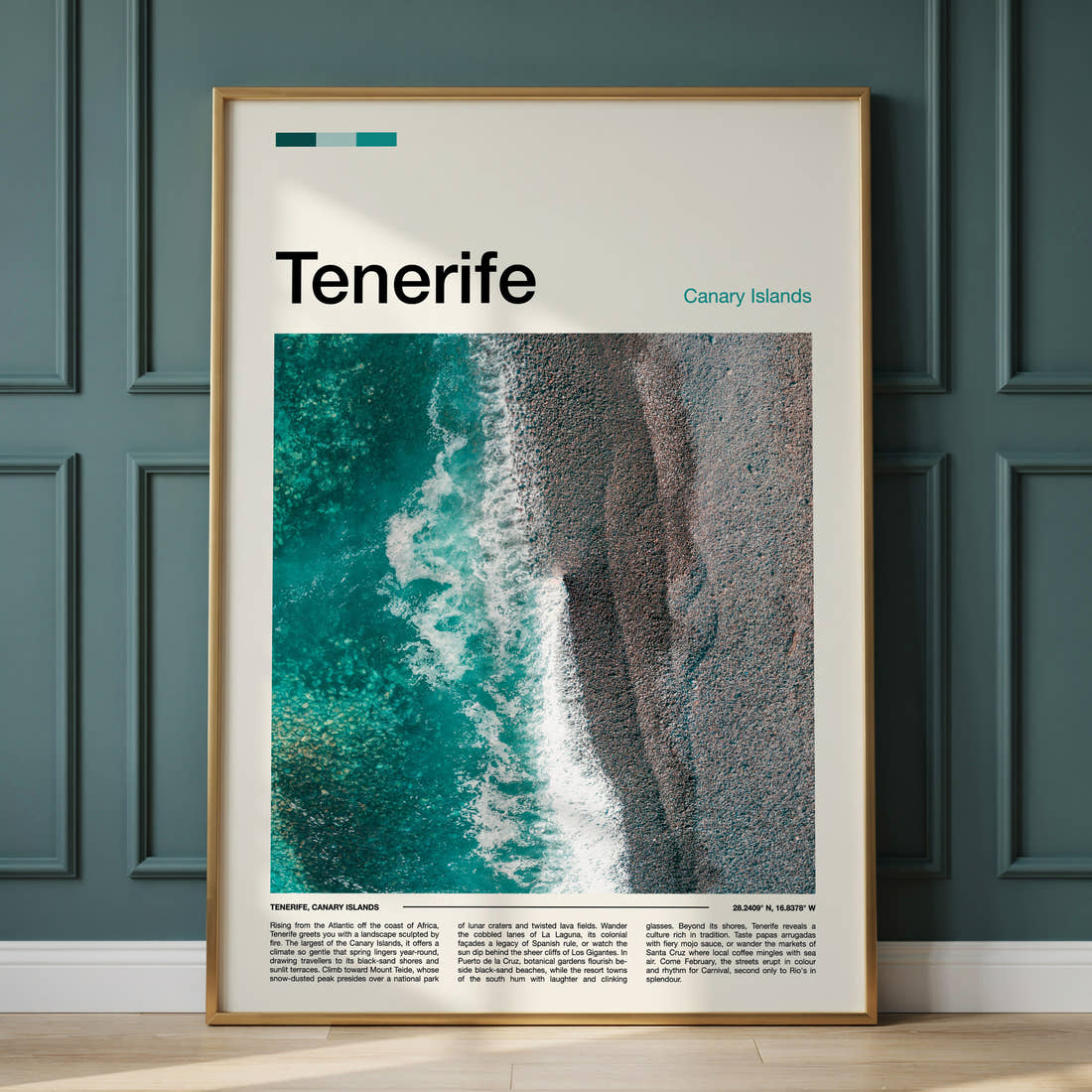 Tenerife Aerial Coastline View Travel Print framed on the wall of a calm, neutral bedroom