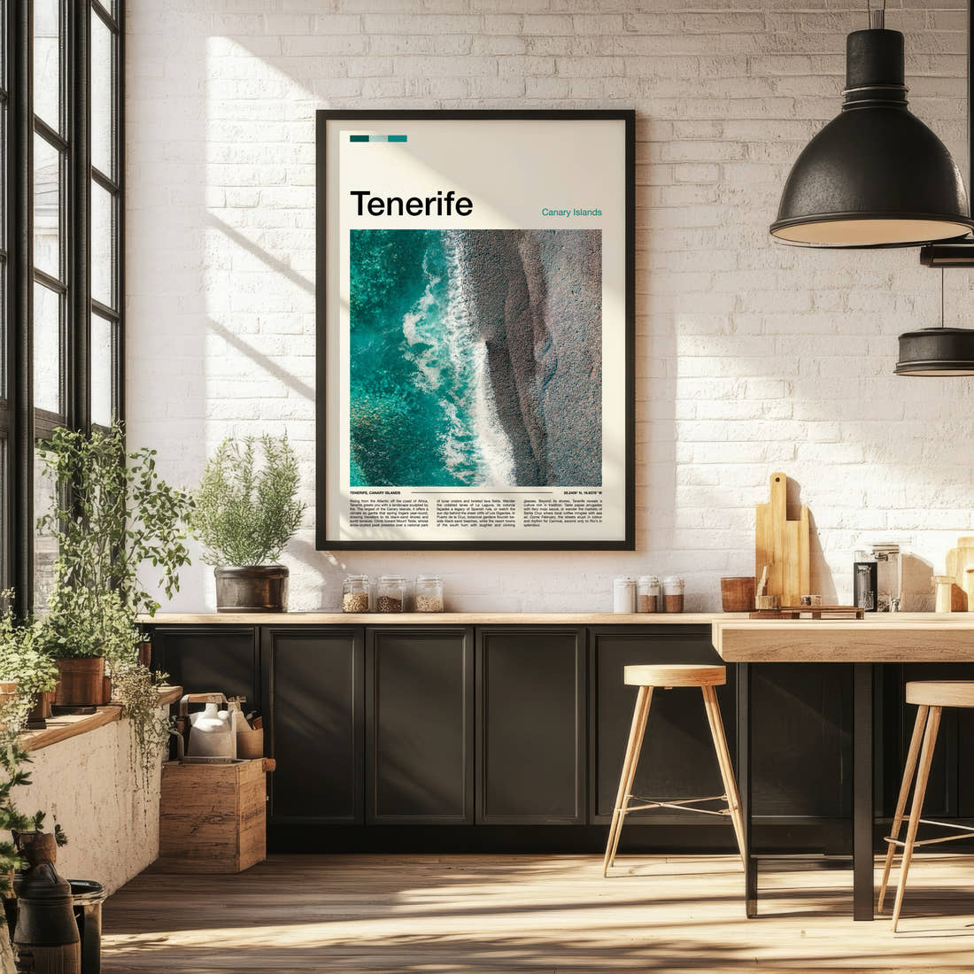 Tenerife Aerial Coastline View Travel Print framed on the wall of a bright kitchen and dining space