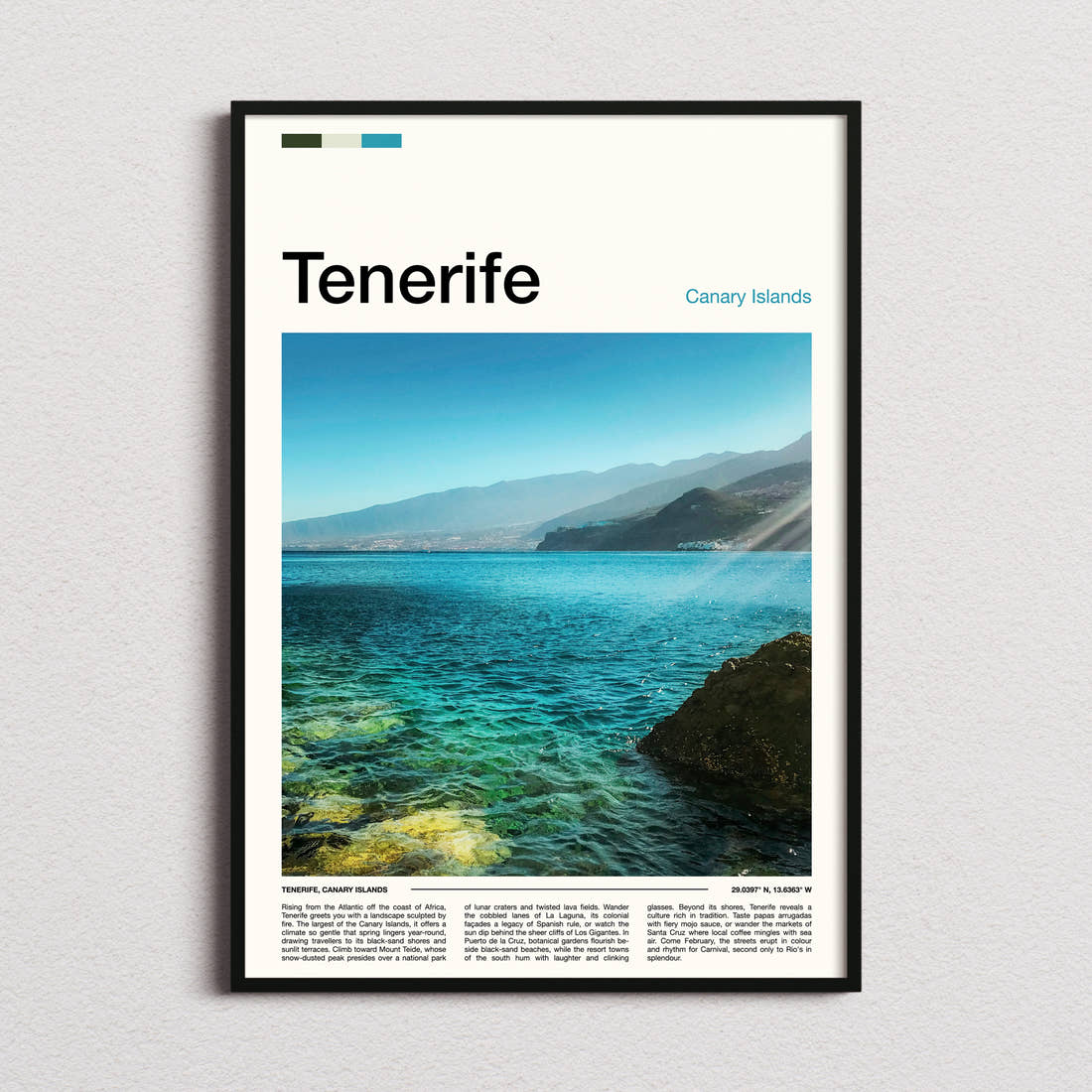 Tenerife Turquoise Coastal Waters Travel Print framed and photographed straight on