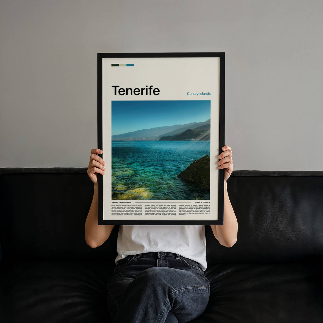 Tenerife Turquoise Coastal Waters Travel Print held up by hand to show the size of the print
