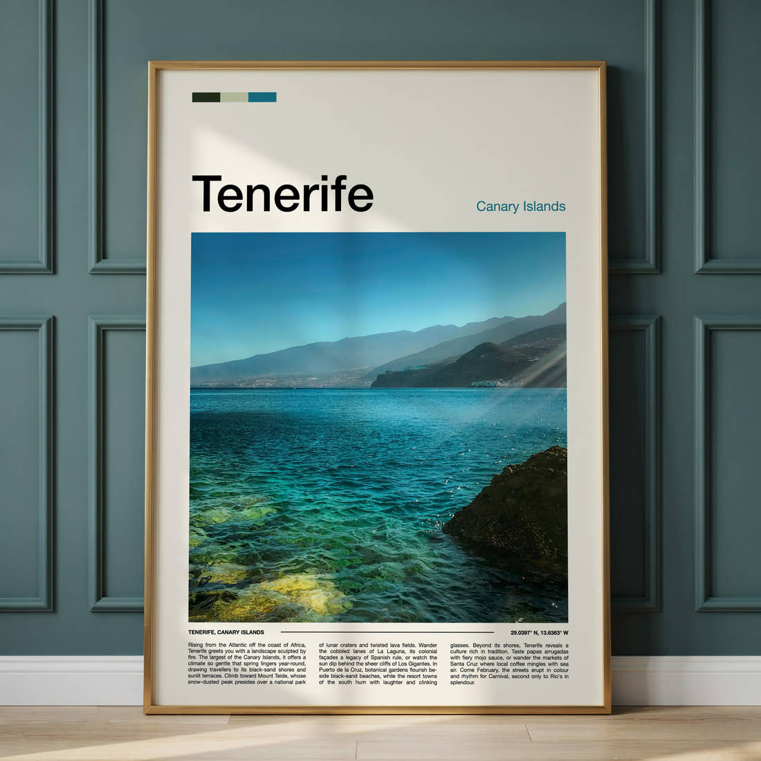 Tenerife Turquoise Coastal Waters Travel Print framed on the wall of a calm, neutral bedroom
