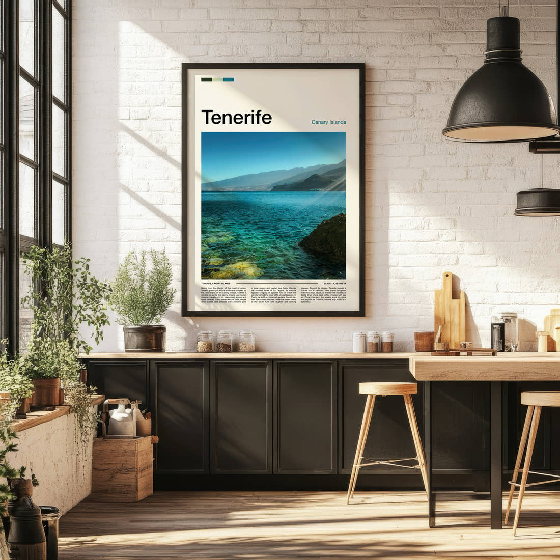 Tenerife Turquoise Coastal Waters Travel Print framed on the wall of a bright kitchen and dining space