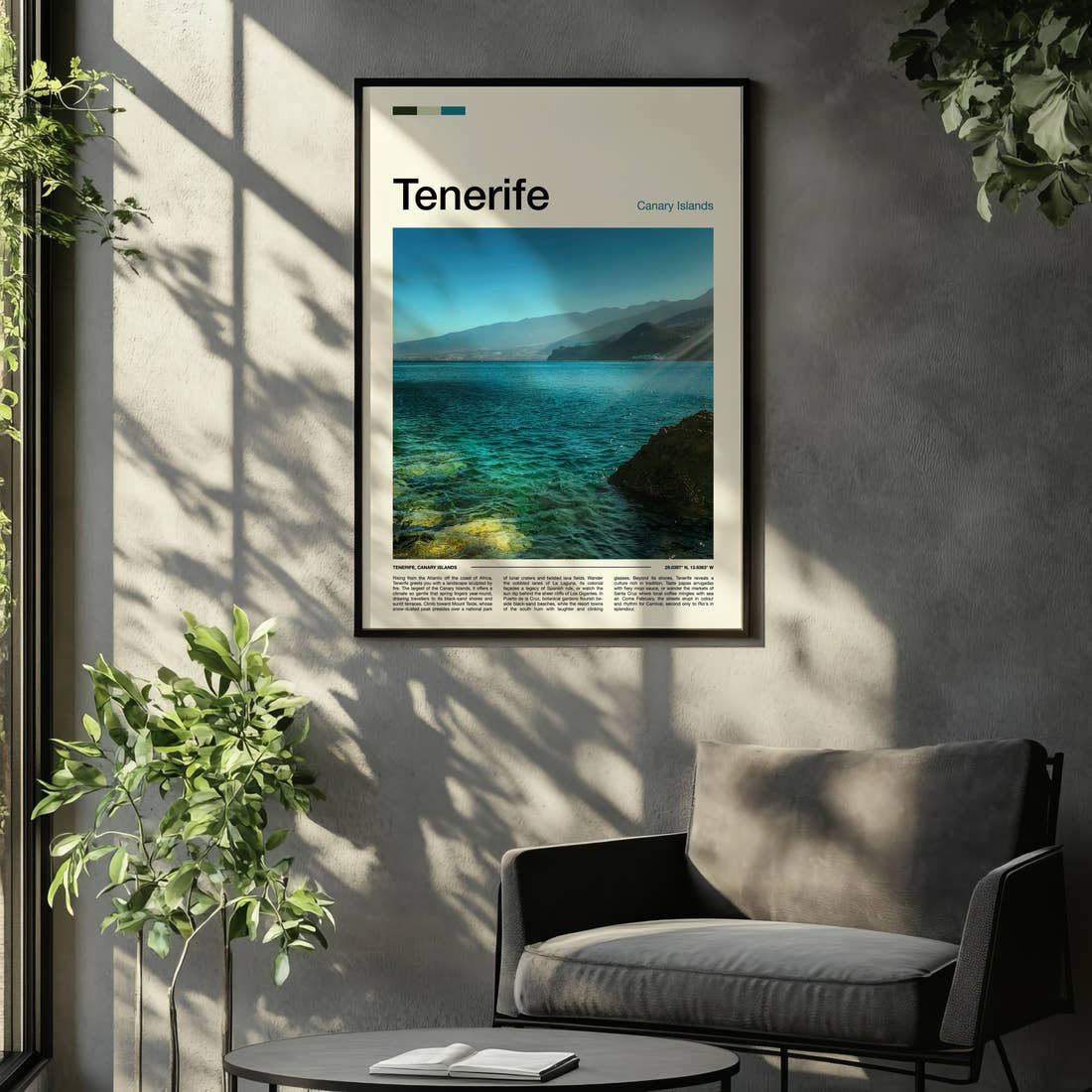 Tenerife Turquoise Coastal Waters Travel Print framed on the wall of a relaxed living room