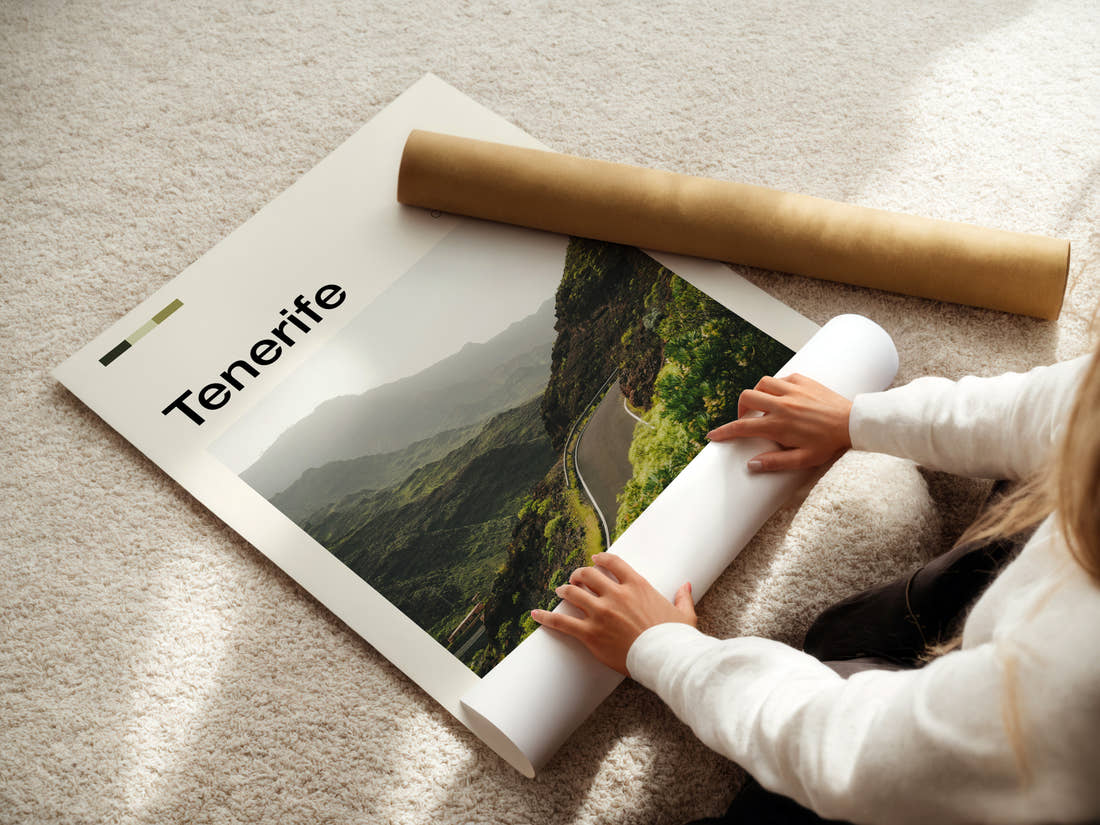 Tenerife Winding Mountain Road Travel Print being unrolled from its postal tube