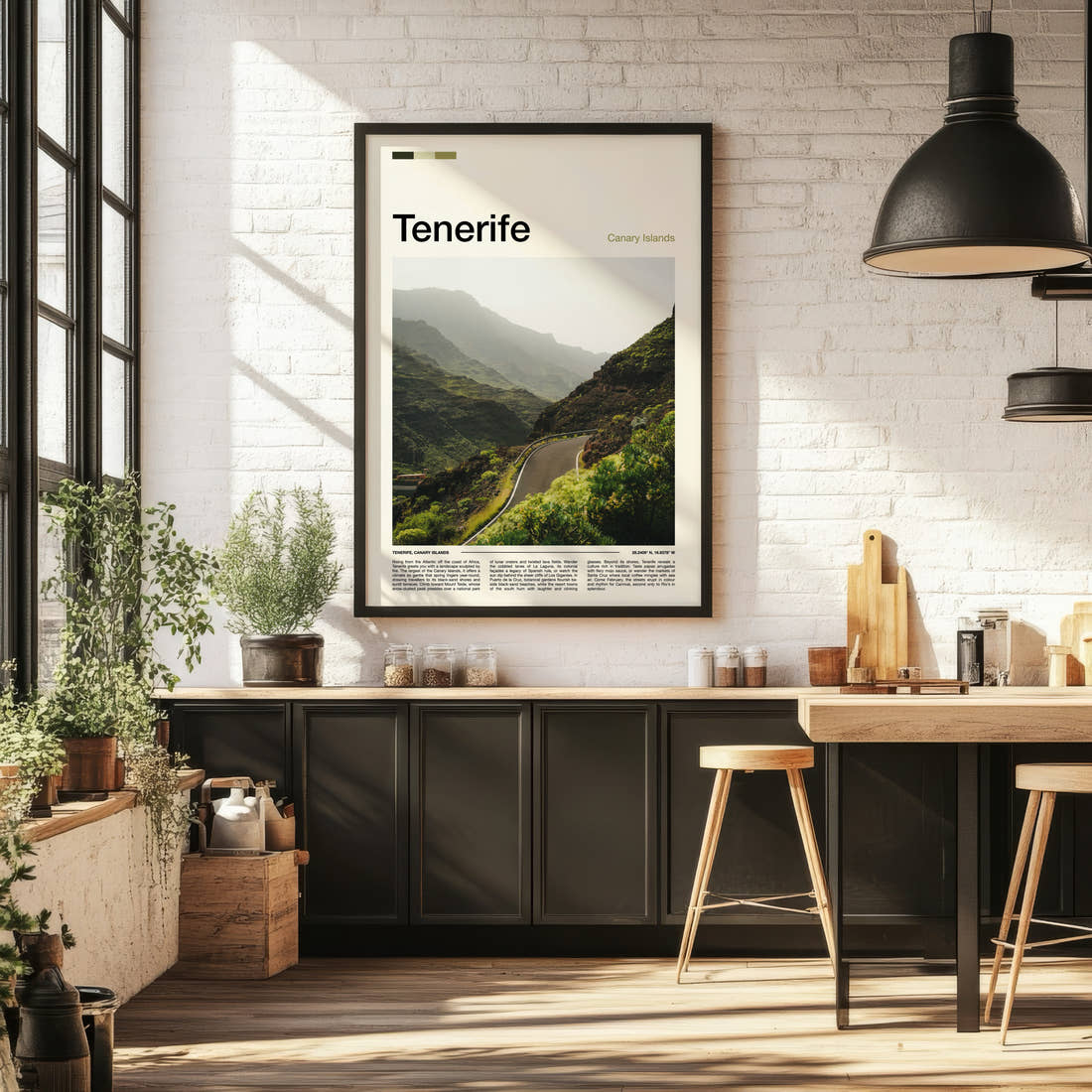 Tenerife Winding Mountain Road Travel Print framed on the wall of a bright kitchen and dining space