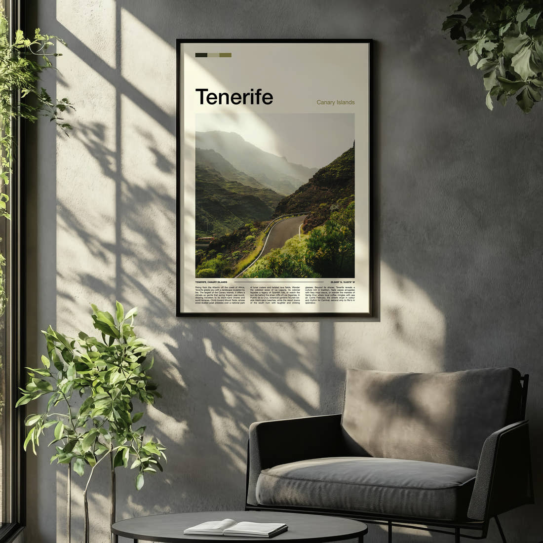 Tenerife Winding Mountain Road Travel Print framed on the wall of a relaxed living room