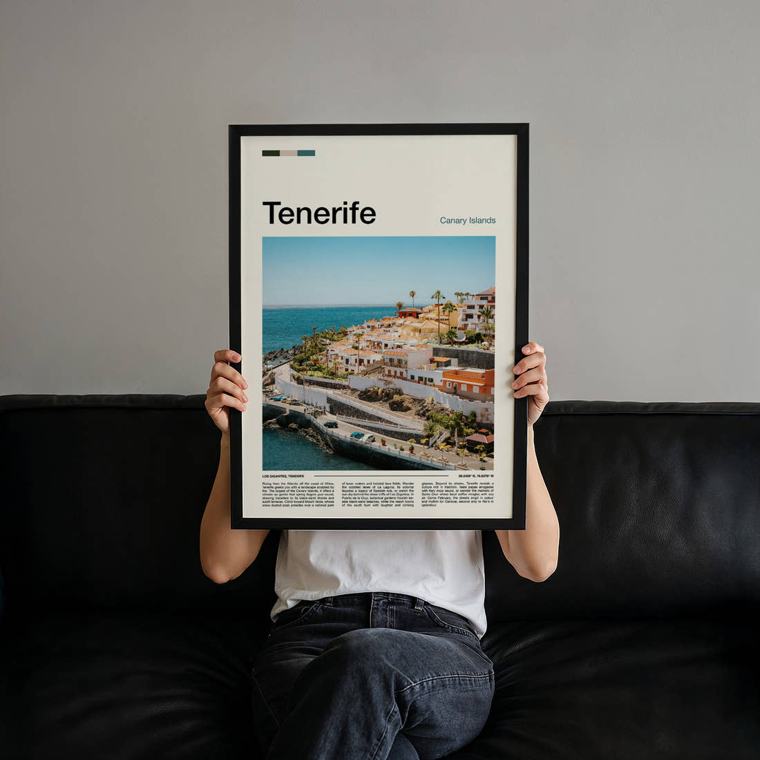 Tenerife Coastal Village View Travel Print held up by hand to show the size of the print