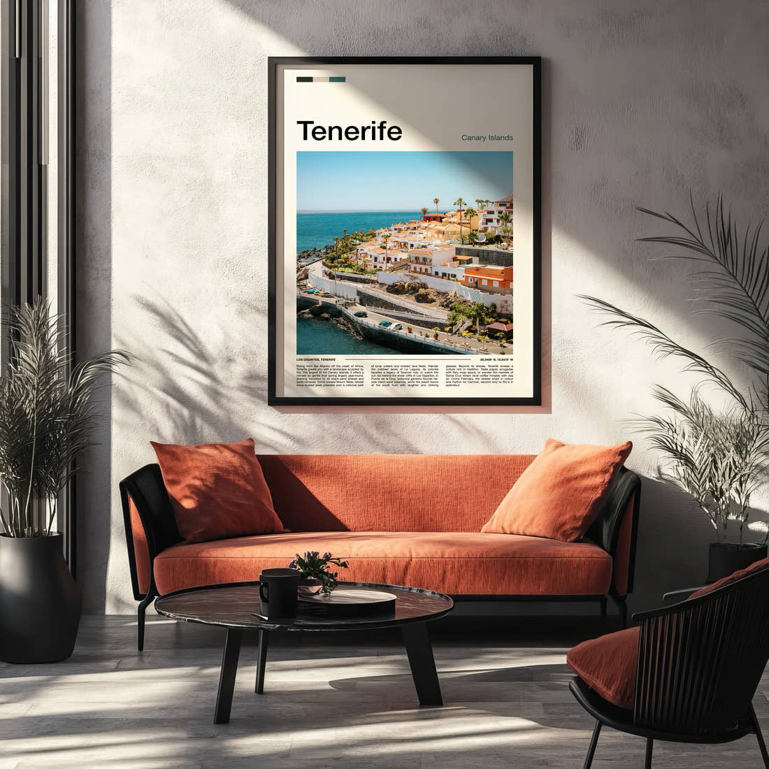 Tenerife Coastal Village View Travel Print framed on the wall of a modern living room