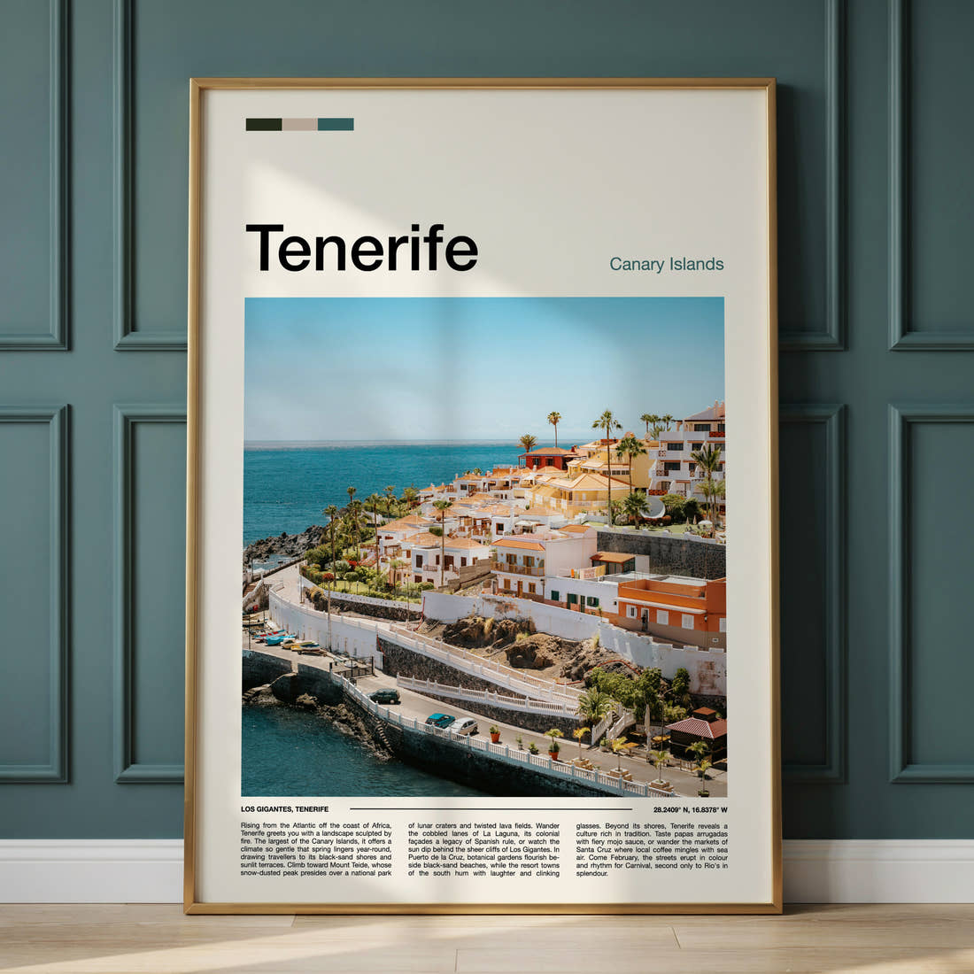 Tenerife Coastal Village View Travel Print framed on the wall of a calm, neutral bedroom