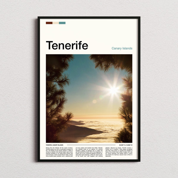 Tenerife Sunburst Above Clouds Travel Print framed and photographed straight on