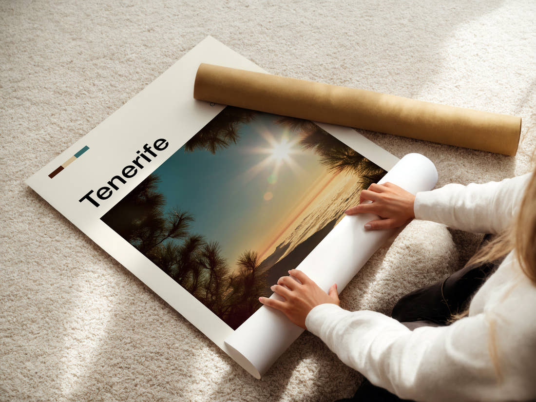 Tenerife Sunburst Above Clouds Travel Print being unrolled from its postal tube