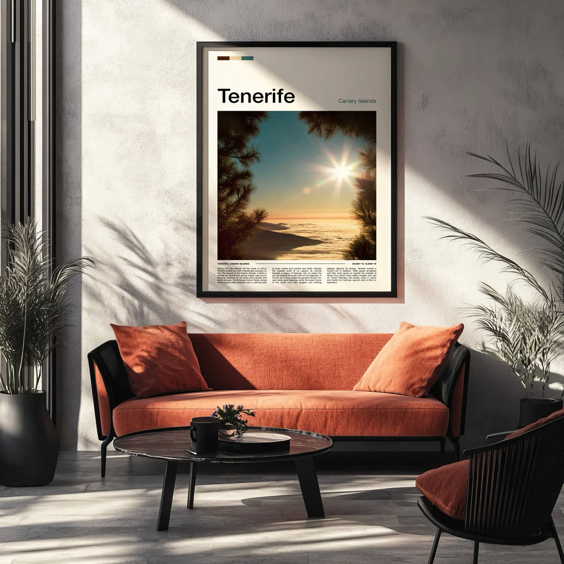 Tenerife Sunburst Above Clouds Travel Print framed on the wall of a modern living room