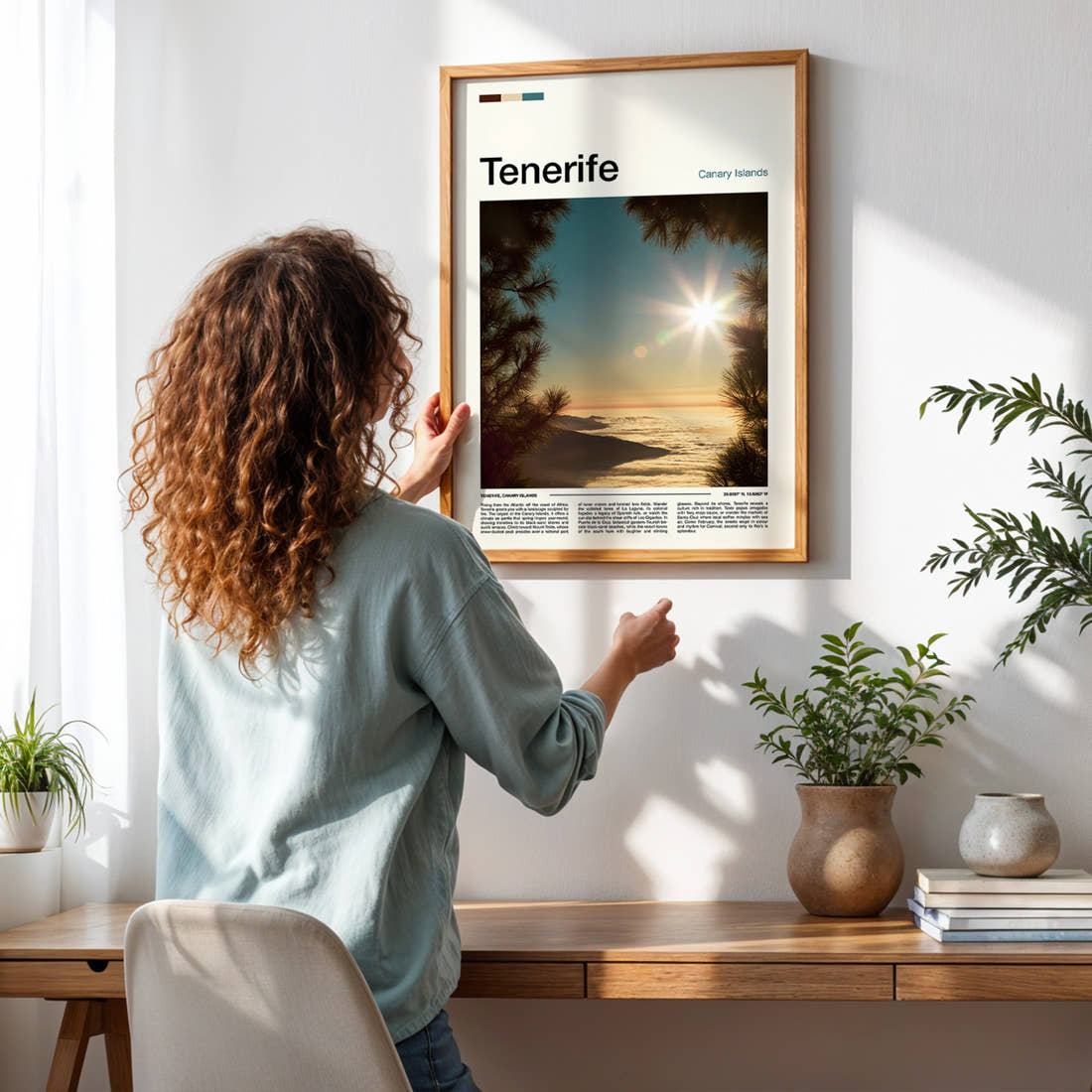 Tenerife Sunburst Above Clouds Travel Print framed on a pale wall beside houseplants