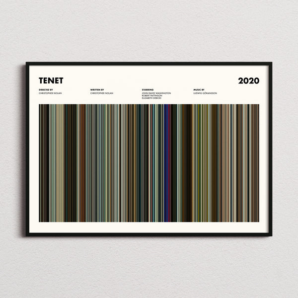 Tenet Movie Barcode Poster framed and photographed straight on