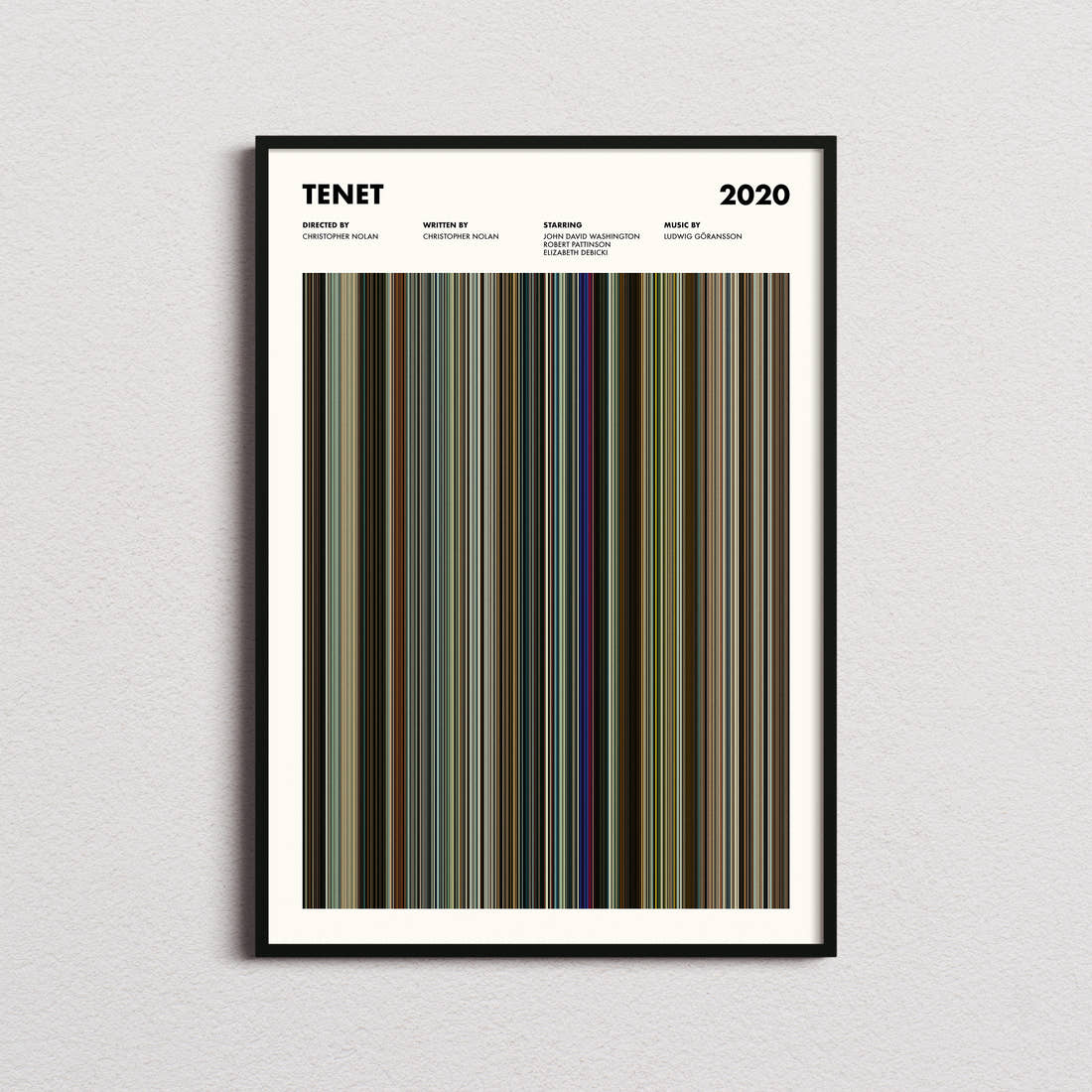 Tenet Movie Barcode Poster framed on a plain studio wall