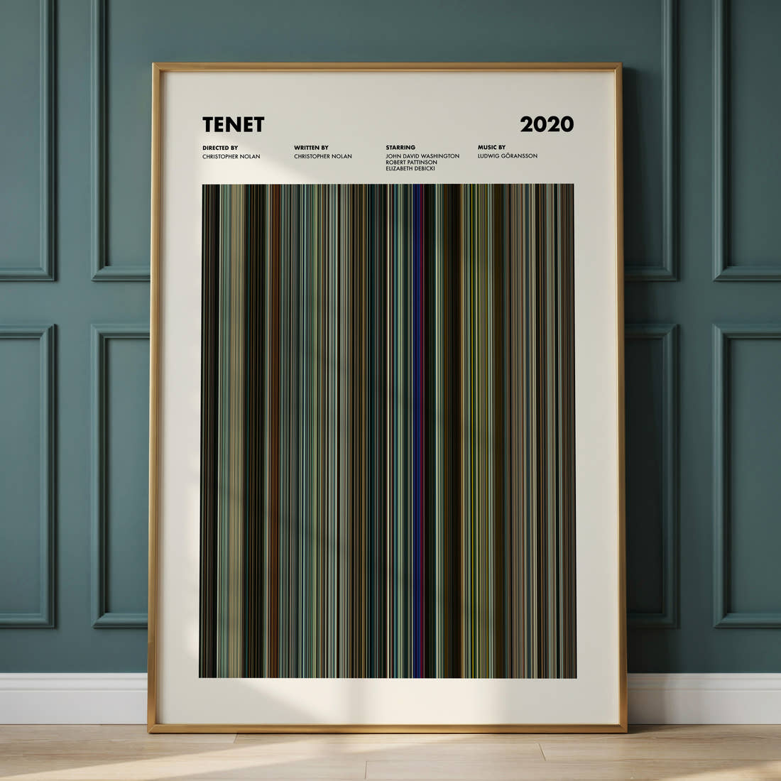 Tenet Movie Barcode Poster framed and leaning against a panelled wall