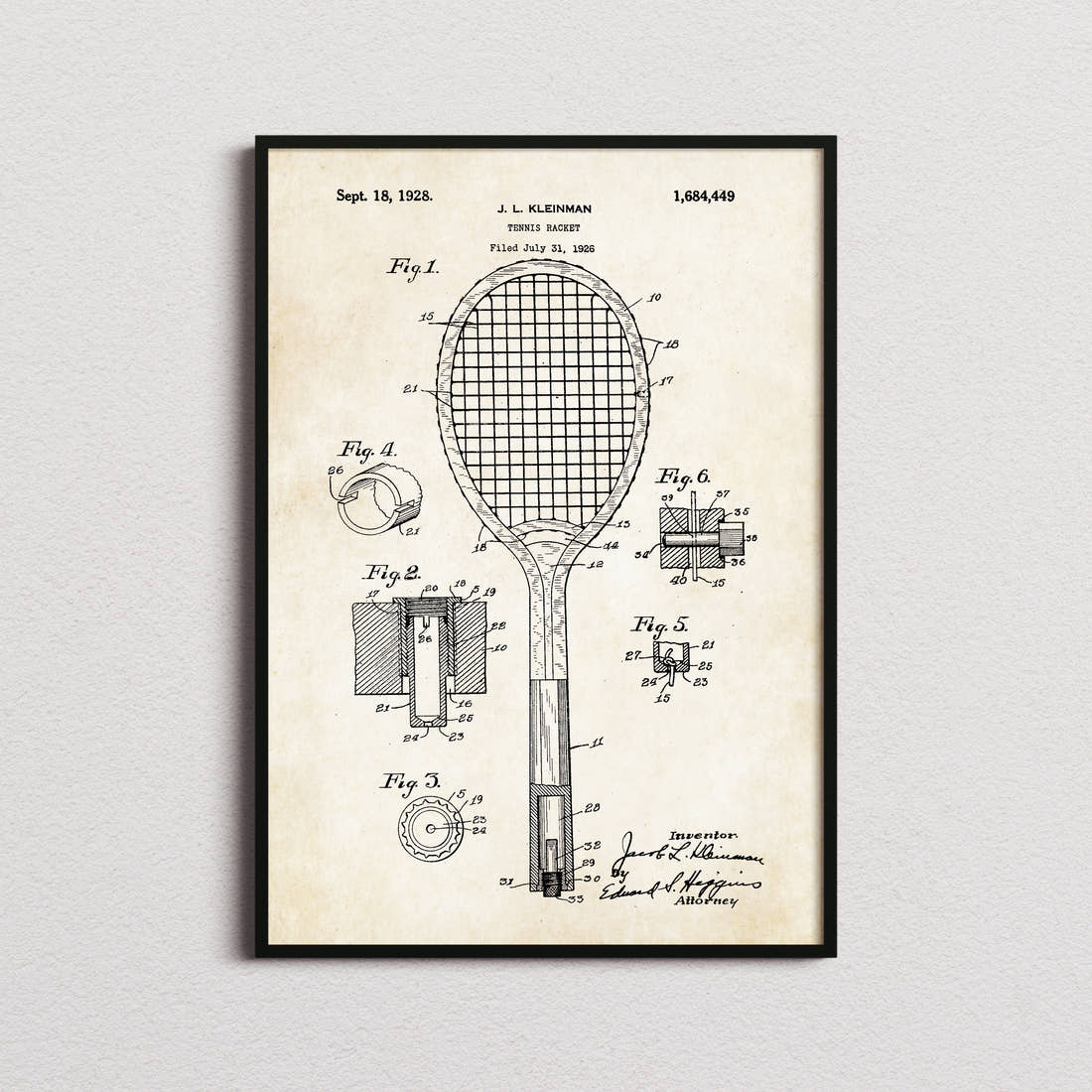 Tennis Racket Patent Print in the aged paper colourway, framed