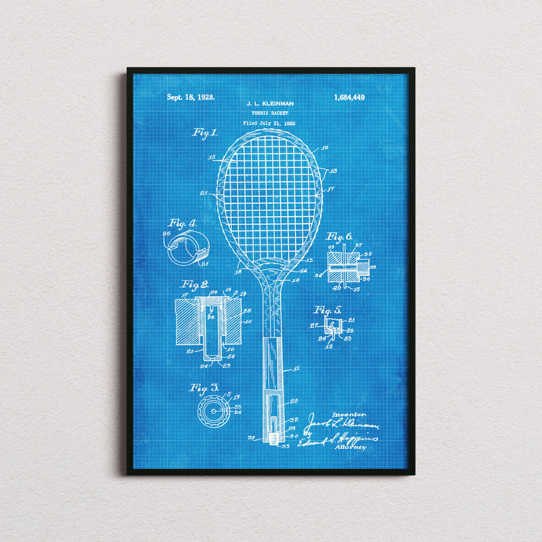 Tennis Racket Patent Print in the blueprint colourway, framed