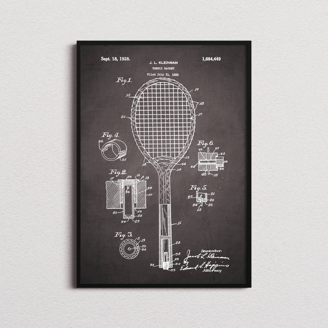 Tennis Racket Patent Print in the blackboard colourway, framed