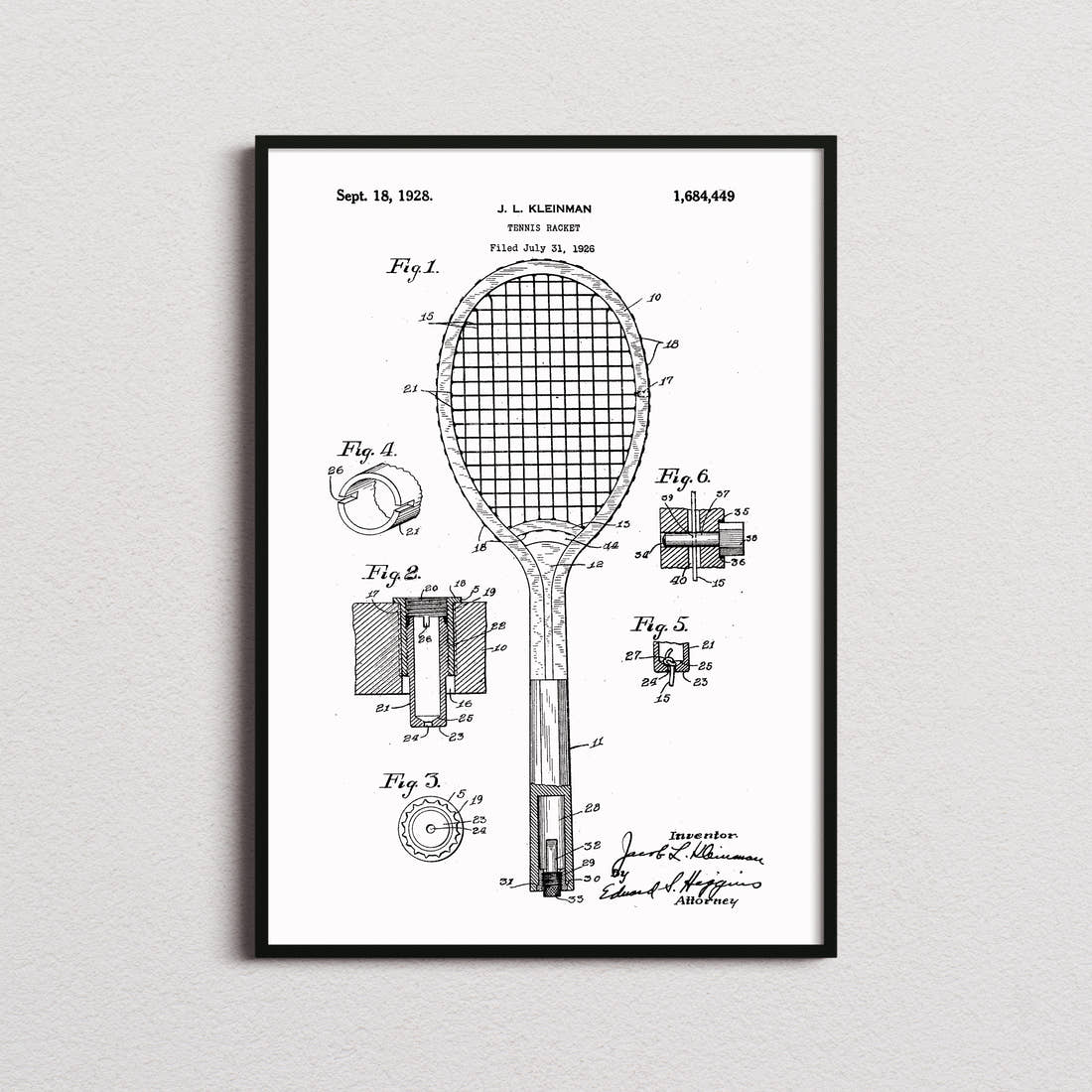 Tennis Racket Patent Print in the white colourway, framed