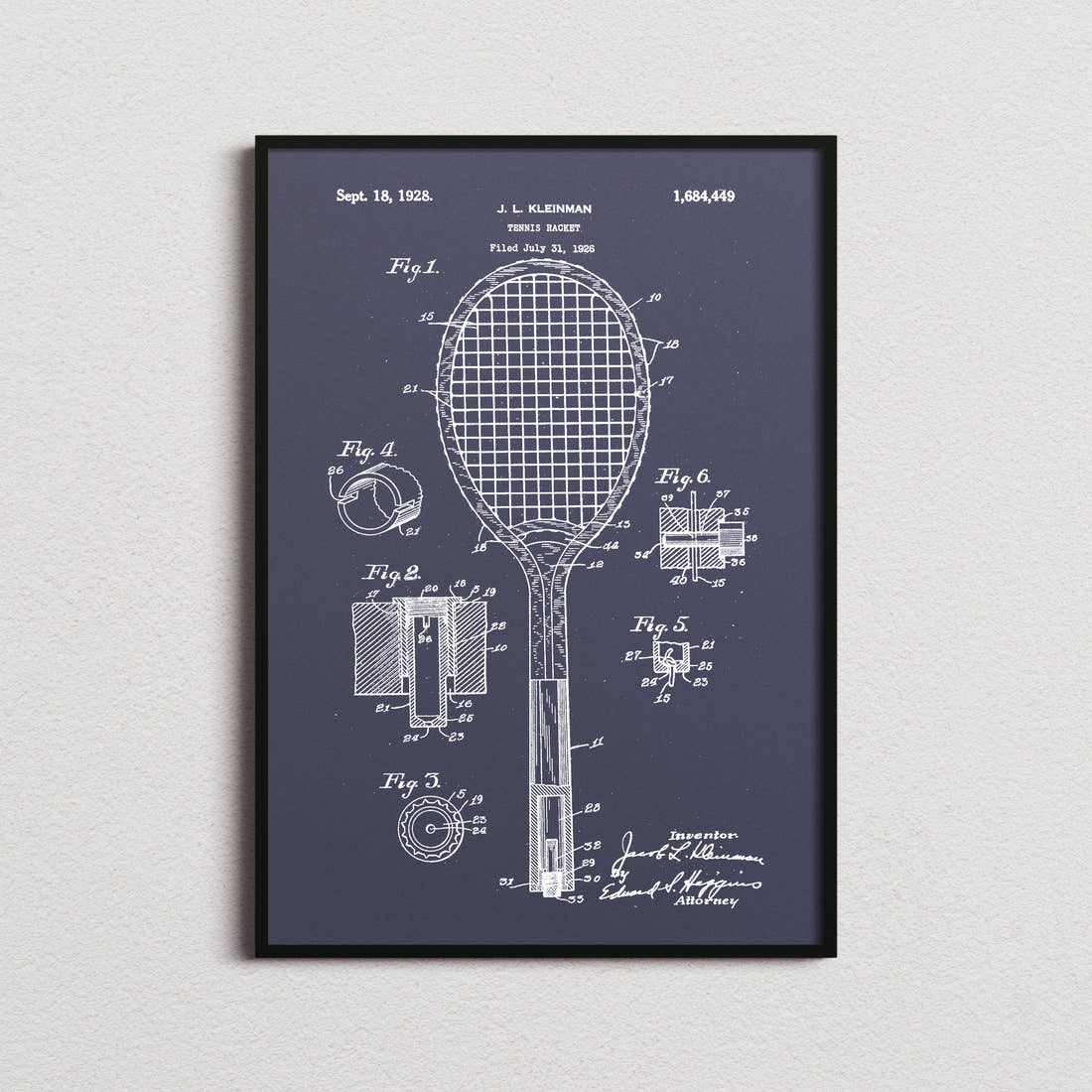 Tennis Racket Patent Print in the navy colourway, framed