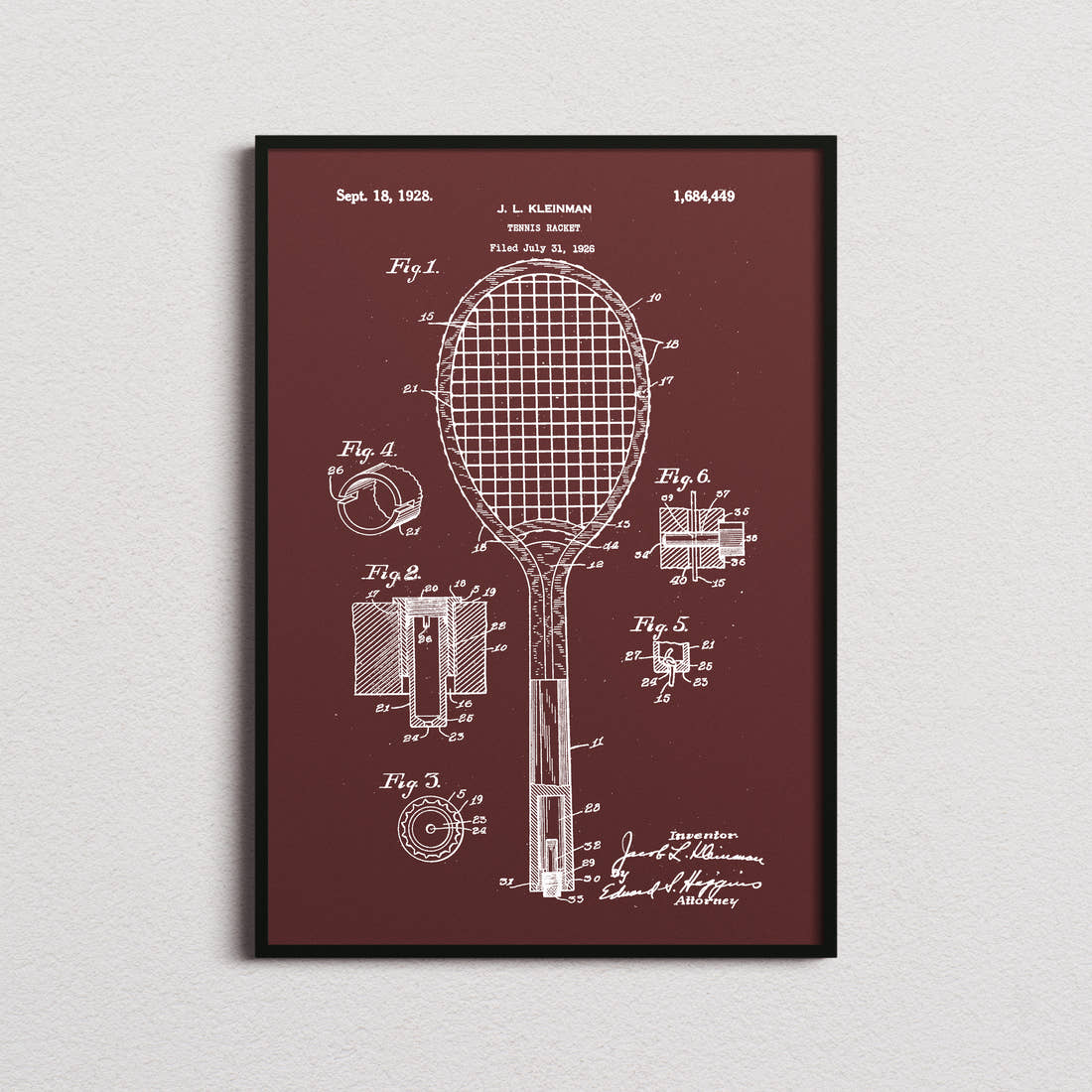 Tennis Racket Patent Print in the burgundy colourway, framed