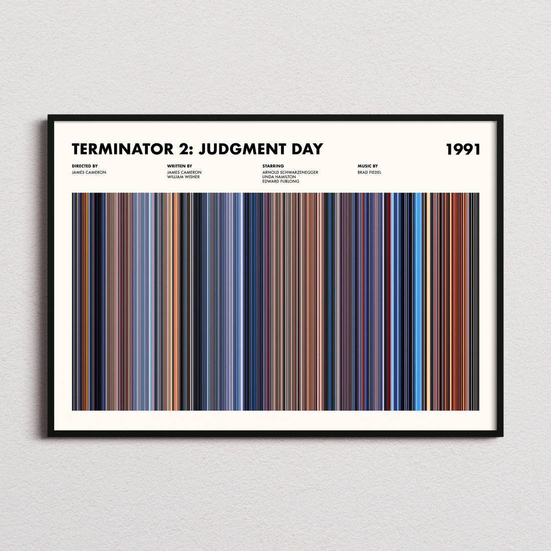 Terminator 2: Judgment Day Movie Barcode Poster framed and photographed straight on
