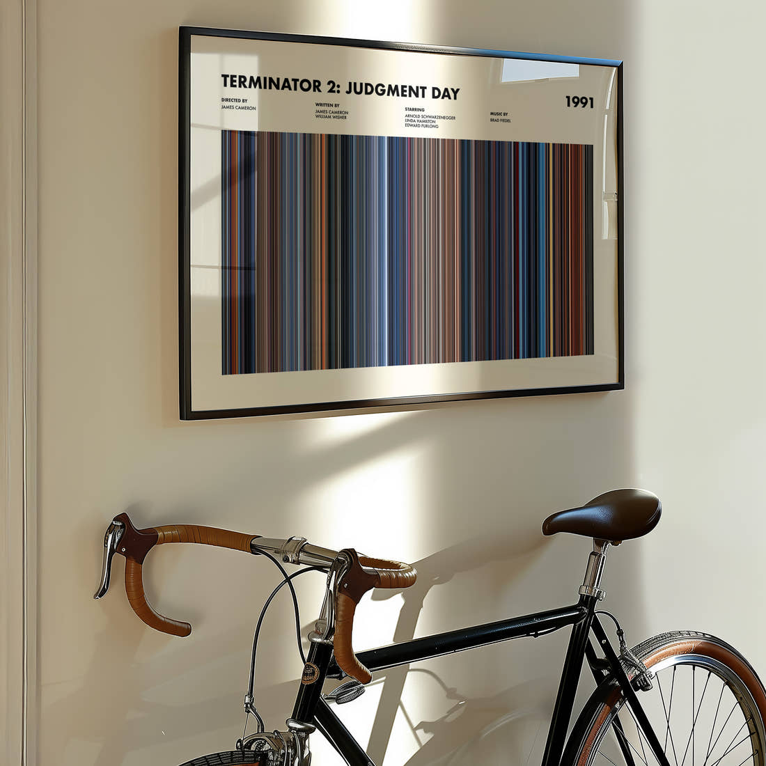 Terminator 2: Judgment Day Movie Barcode Poster framed on the wall of a styled room setting