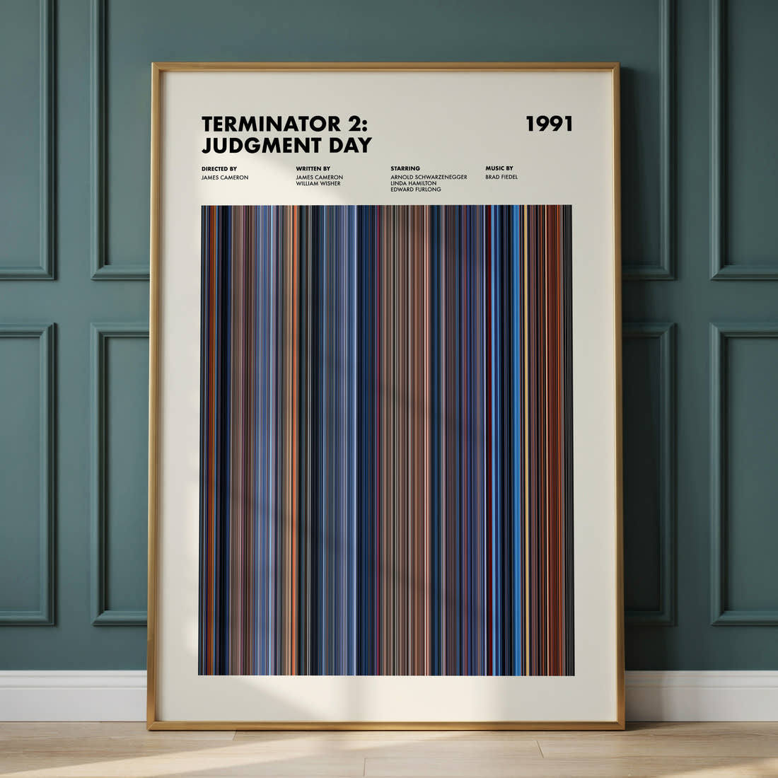 Terminator 2: Judgment Day Movie Barcode Poster framed and leaning against a panelled wall