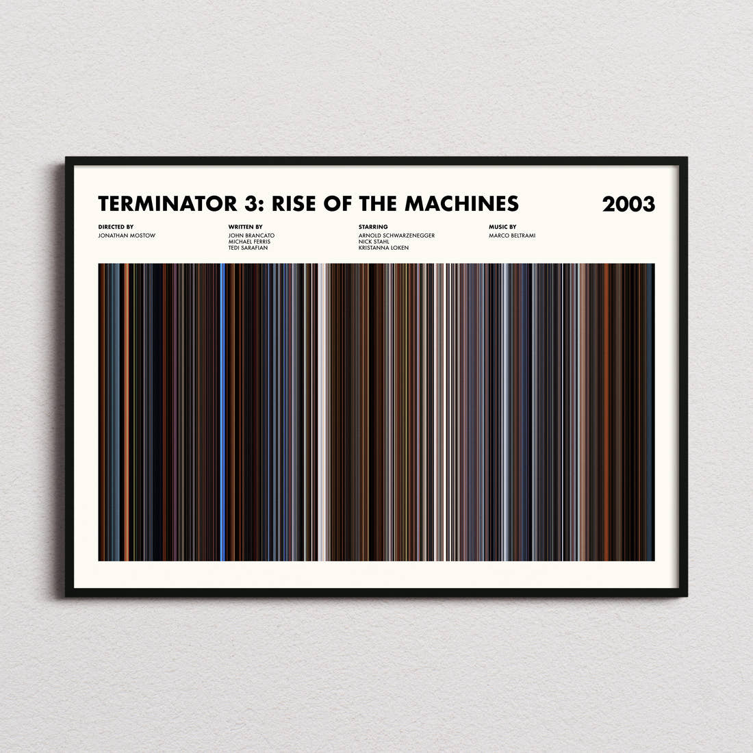 Terminator 3: Rise of the Machines Movie Barcode Poster framed and photographed straight on