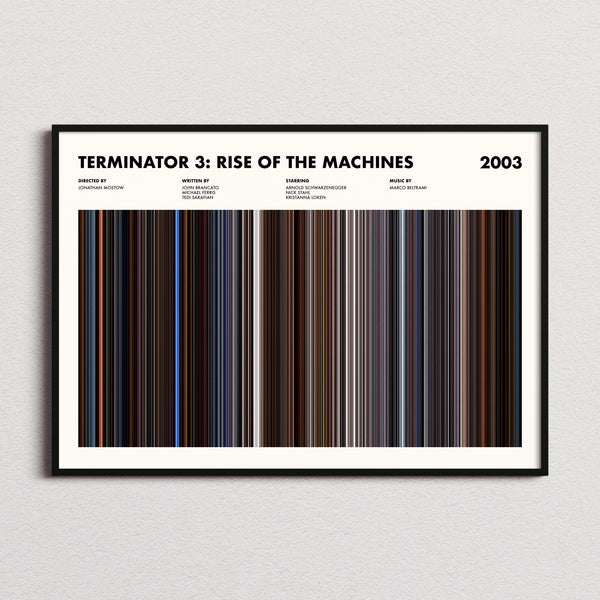 Terminator 3: Rise of the Machines Movie Barcode Poster framed and photographed straight on