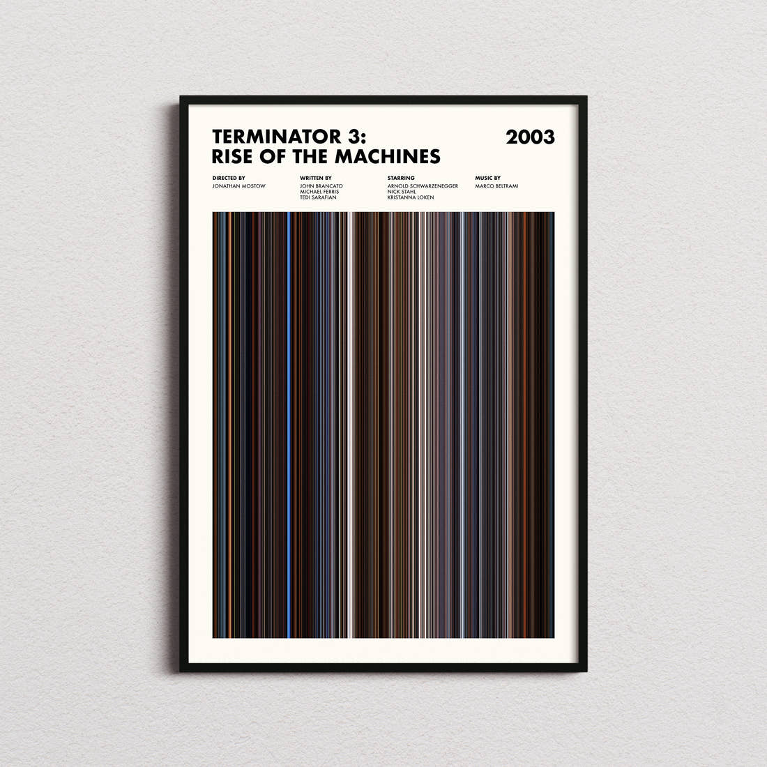 Terminator 3: Rise of the Machines Movie Barcode Poster framed on a plain studio wall