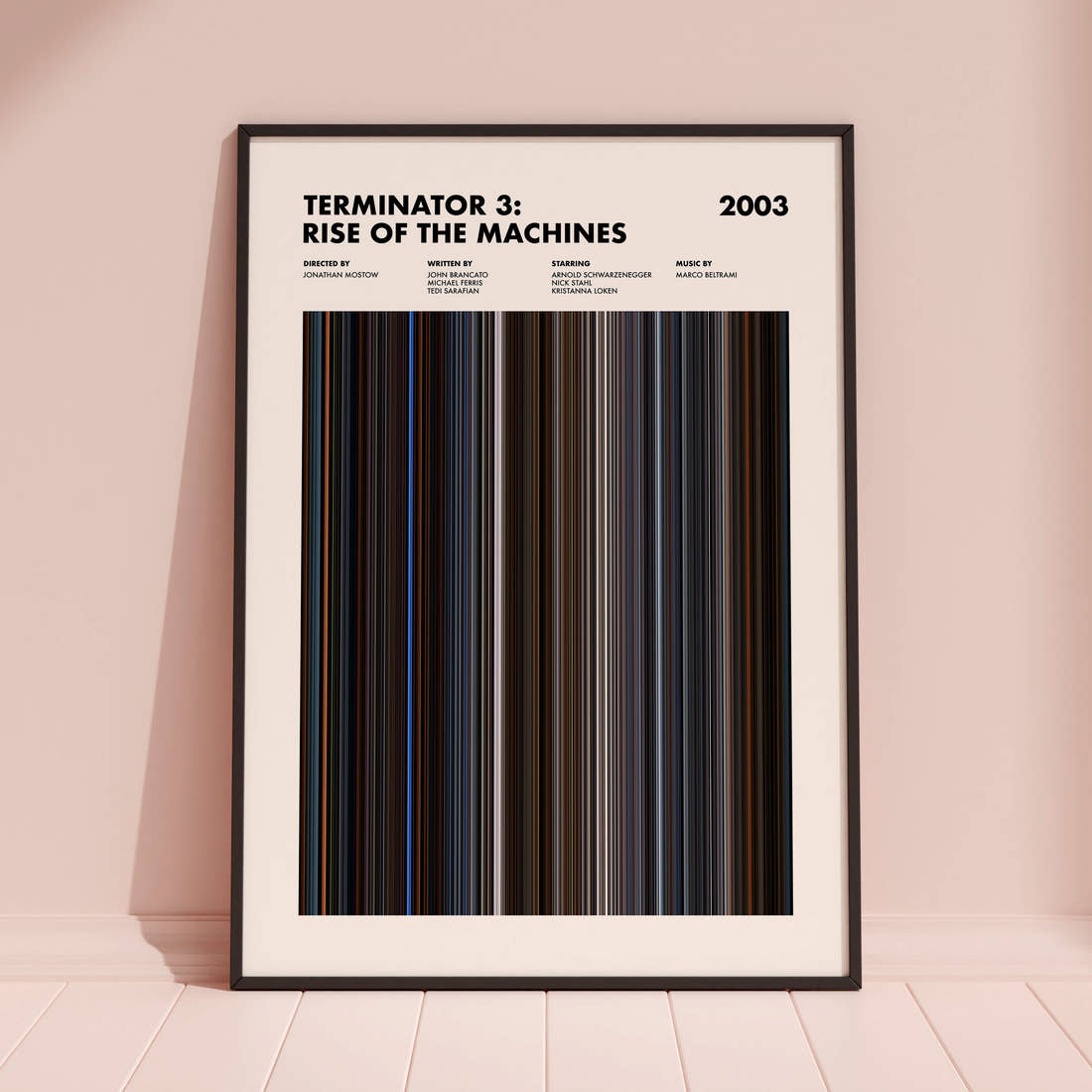 Terminator 3: Rise of the Machines Movie Barcode Poster framed and leaning against a coloured wall