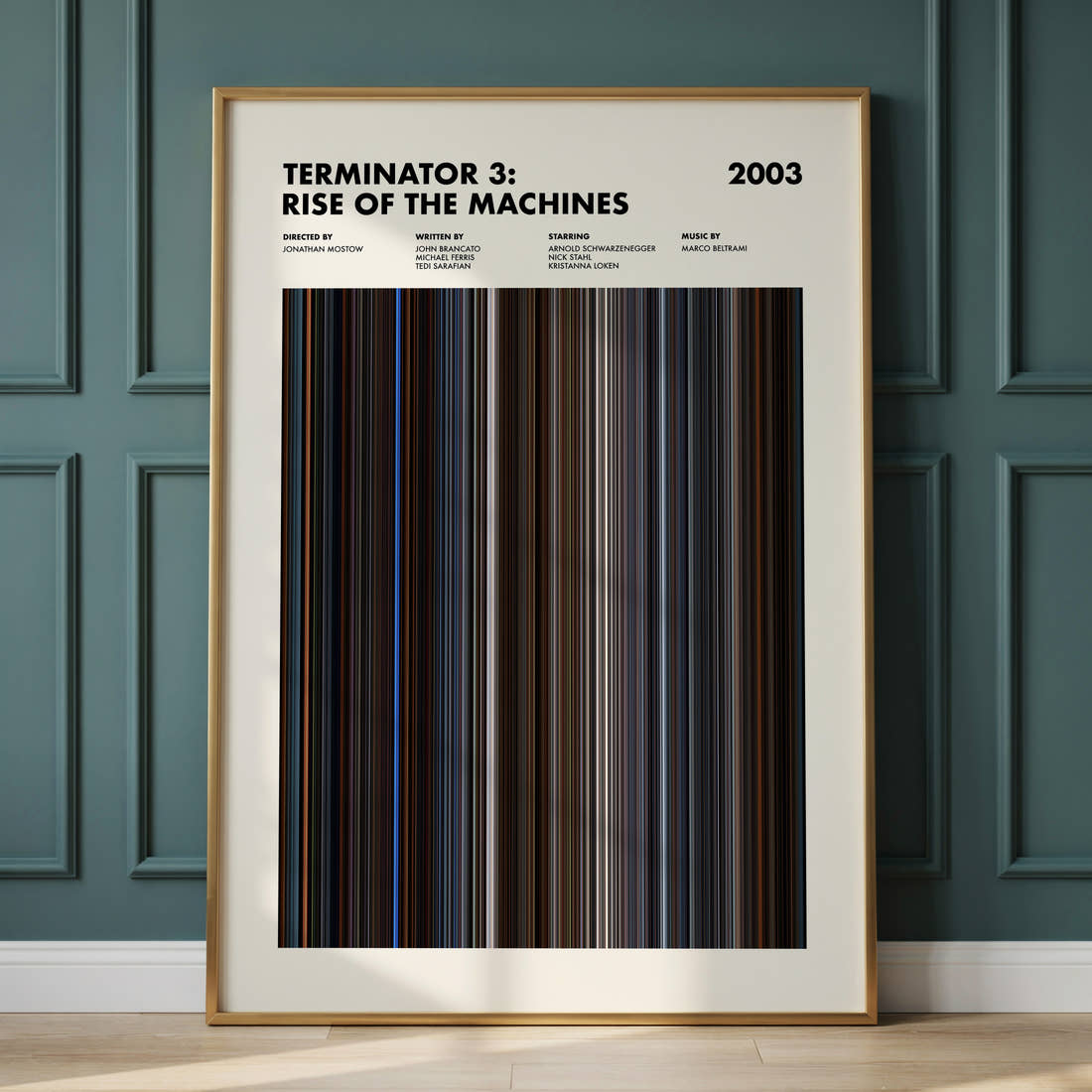 Terminator 3: Rise of the Machines Movie Barcode Poster framed and leaning against a panelled wall