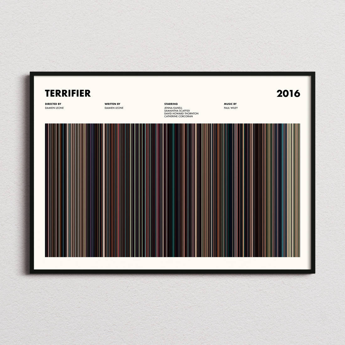 Terrifier Movie Barcode Poster framed and photographed straight on