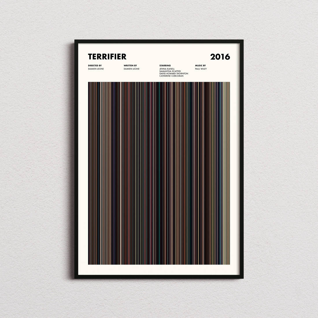 Terrifier Movie Barcode Poster framed on a plain studio wall