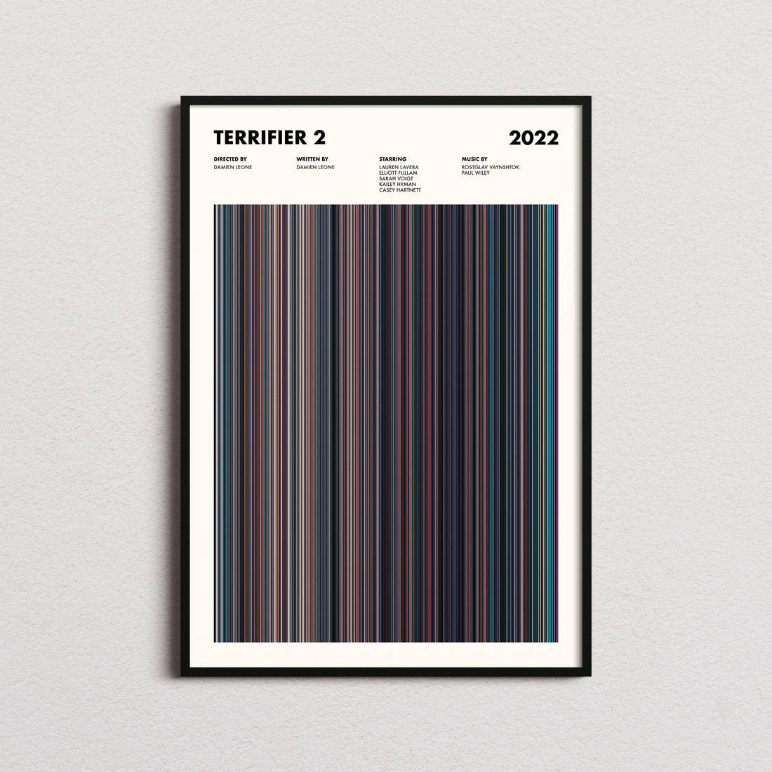 Terrifier 2 Movie Barcode Poster framed on a plain studio wall