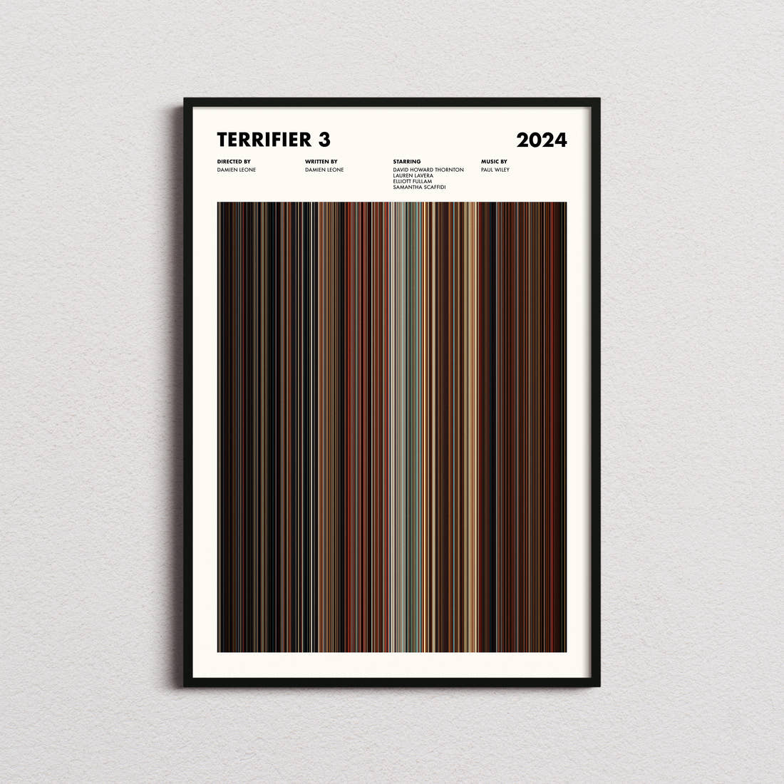 Terrifier 3 Movie Barcode Poster framed on a plain studio wall