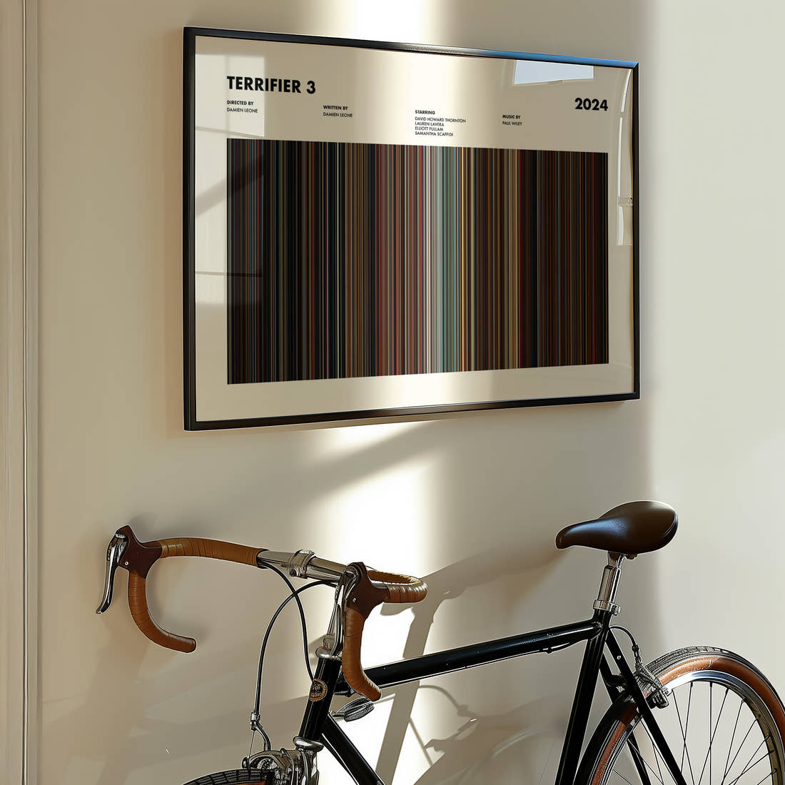 Terrifier 3 Movie Barcode Poster framed on the wall of a styled room setting