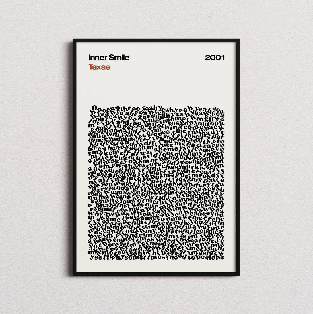 Texas Inner Smile Lyric Print in the cream colourway, framed