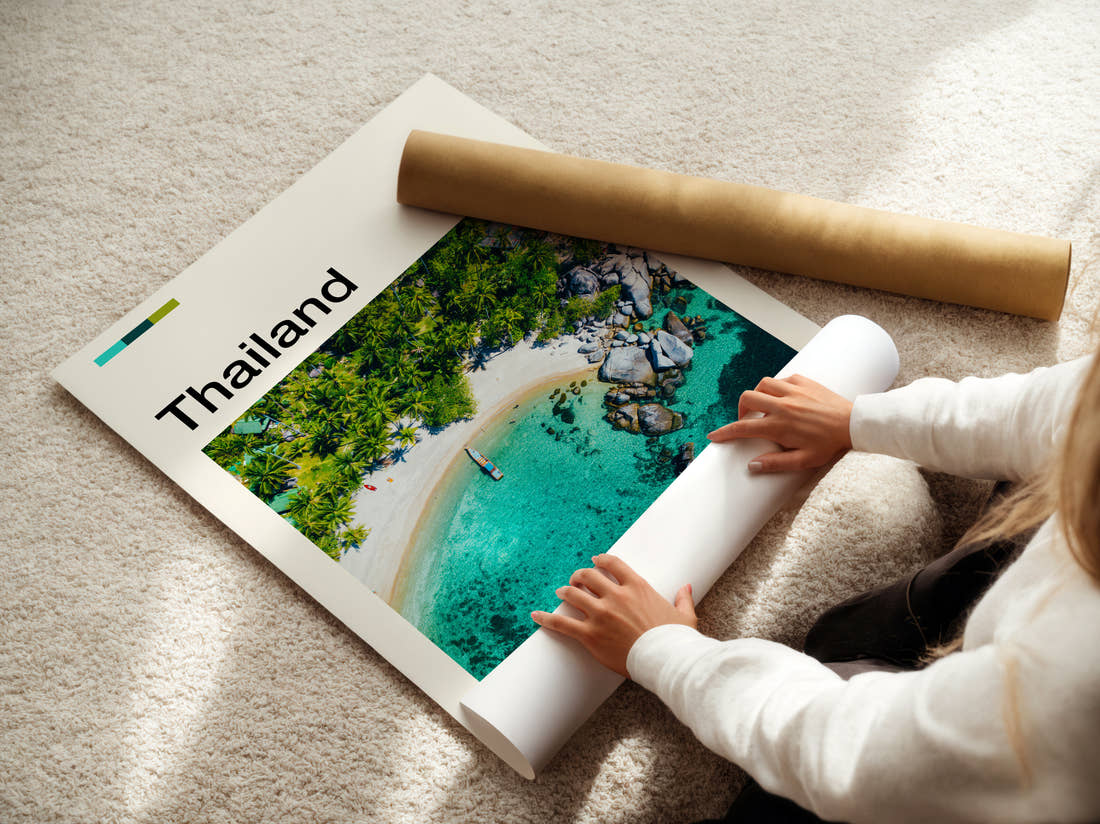 Thailand Aerial Beach And Rocks Travel Print being unrolled from its postal tube