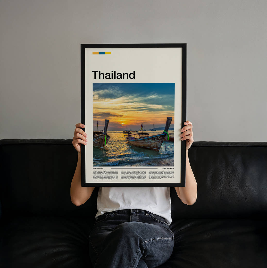 Thailand Longtail Boats At Sunset Travel Print held up by hand to show the size of the print