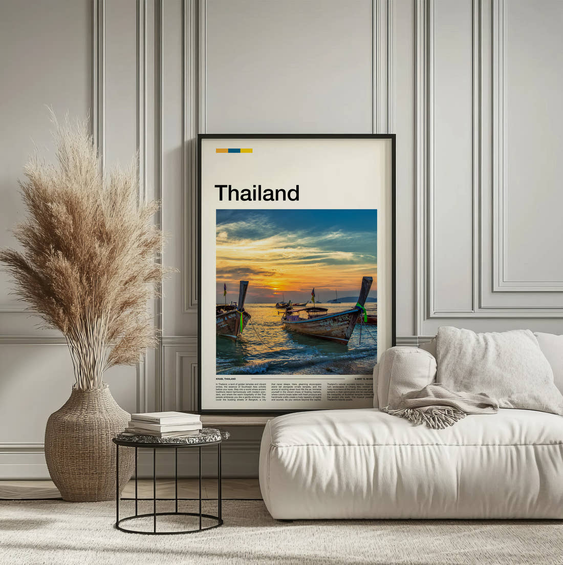 Thailand Longtail Boats At Sunset Travel Print framed on the wall of a calm, neutral bedroom
