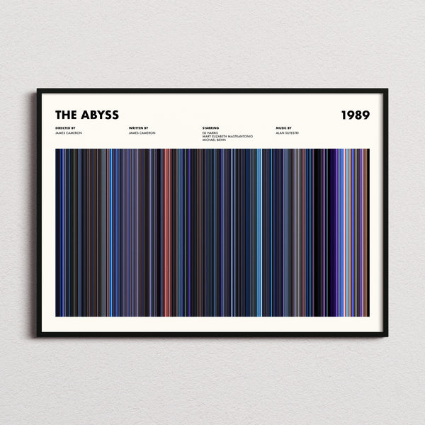 The Abyss Movie Barcode Poster framed and photographed straight on