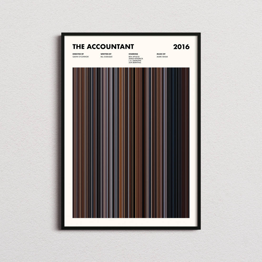 The Accountant Movie Barcode Poster framed on a plain studio wall