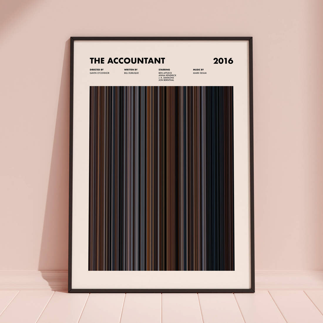 The Accountant Movie Barcode Poster framed and leaning against a coloured wall