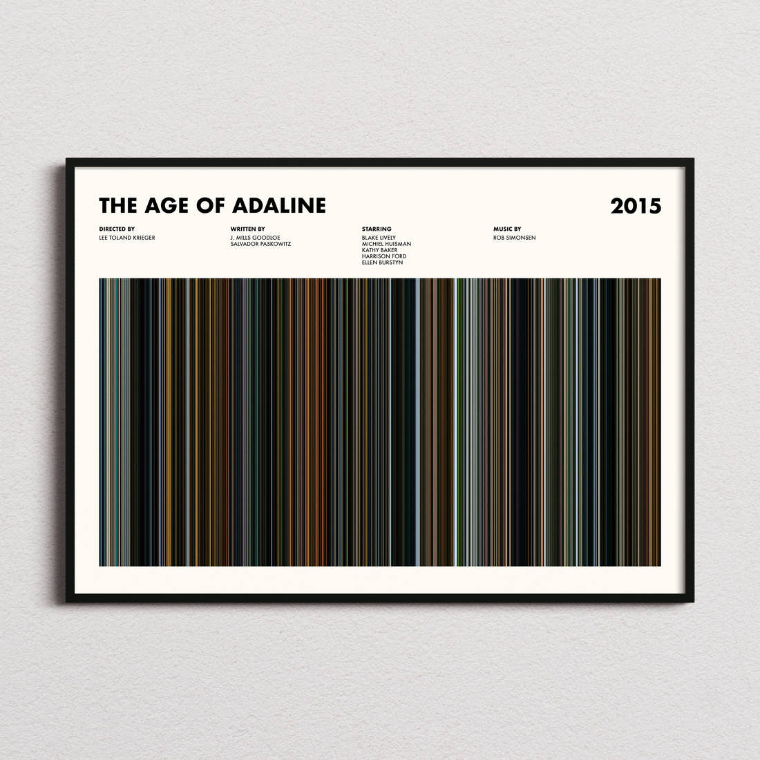 The Age Of Adaline Movie Barcode Poster framed and photographed straight on