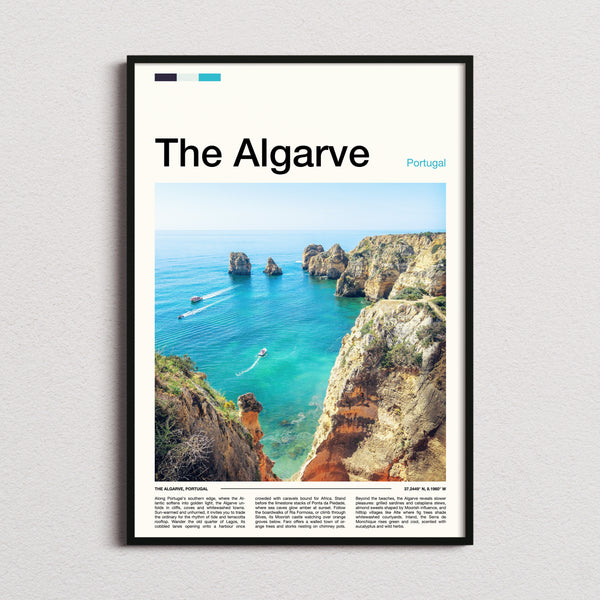 The Algarve Limestone Cliffs And Cove Travel Print framed and photographed straight on